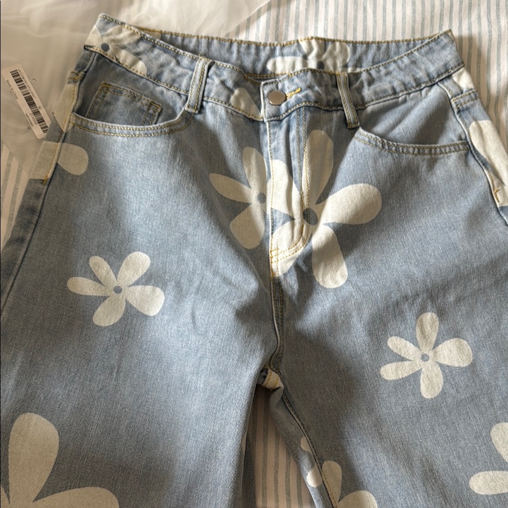 SHEIN Blue Floral Wide Leg Jeans